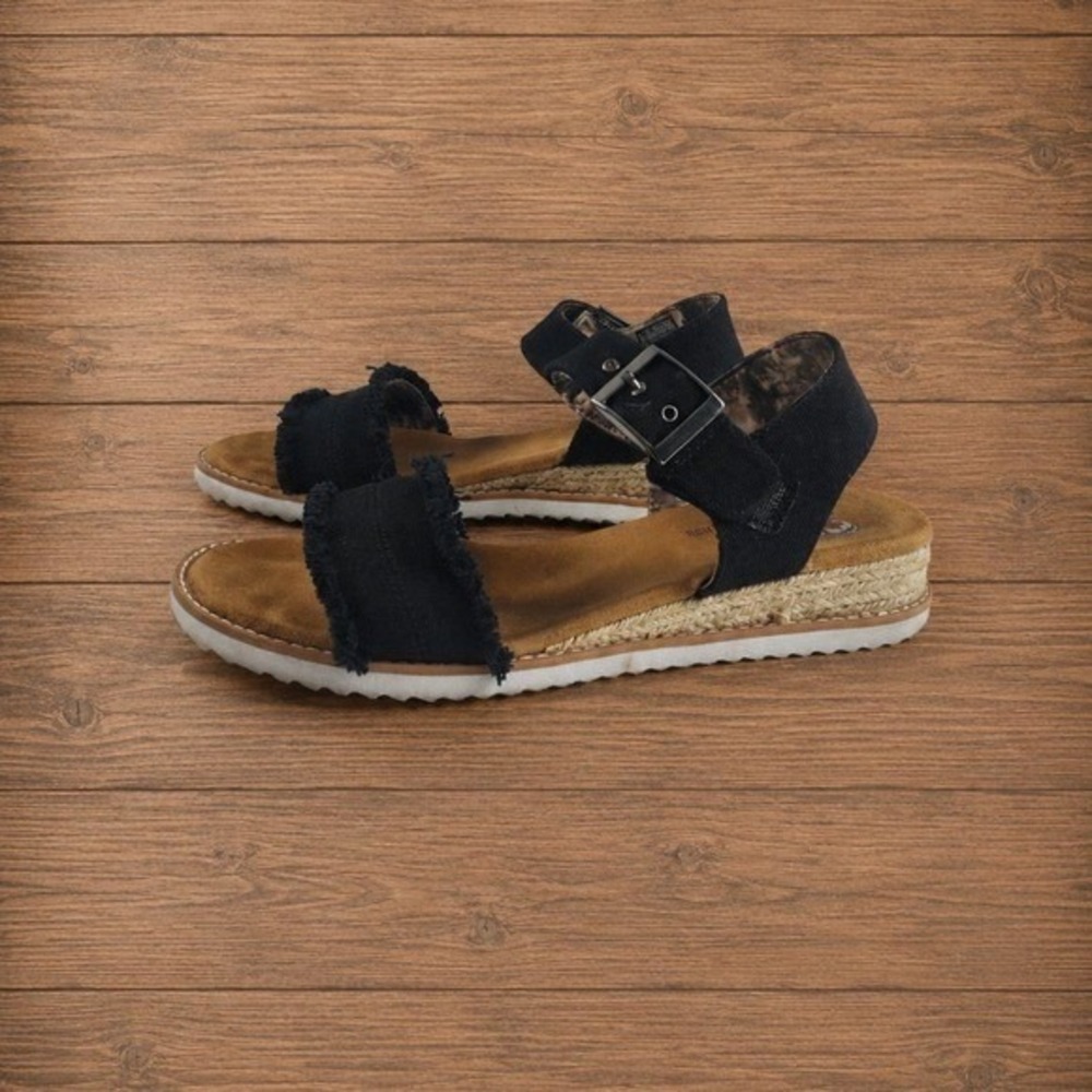 Frayed Espadrille Sandals Womens 8.5 Skechers BOBS Memory Foam Black Platform